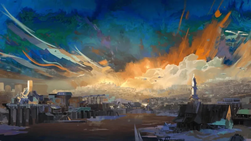 Disco Elysium concept art of the city of Revachol at dawn, its low wooden rooftops and distant skyscrapers sprawling beneath a painterly sky streaked with deep blue and burning orange.