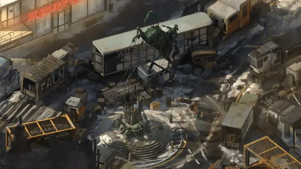 Disco Elysium screenshot of Martinaise square, its crumbling equestrian statue surrounded by trucks and crates in the game's isometric painterly style.