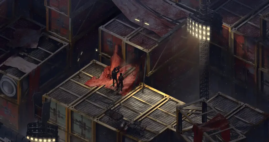 Disco Elysium screenshot of two figures meeting atop stacked shipping containers at night, lit by a single floodlight in the game's moody isometric art style.